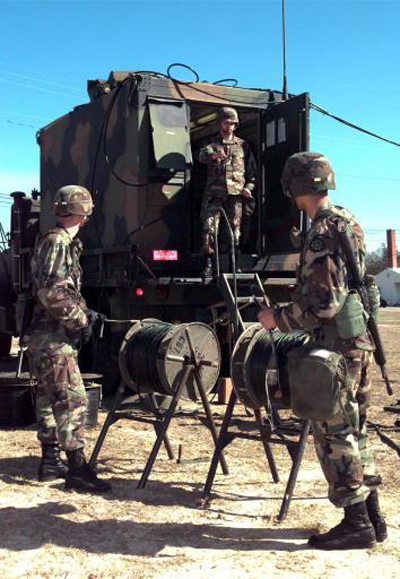 An example of a tactical fiber optic cable assembly spool being used by the military